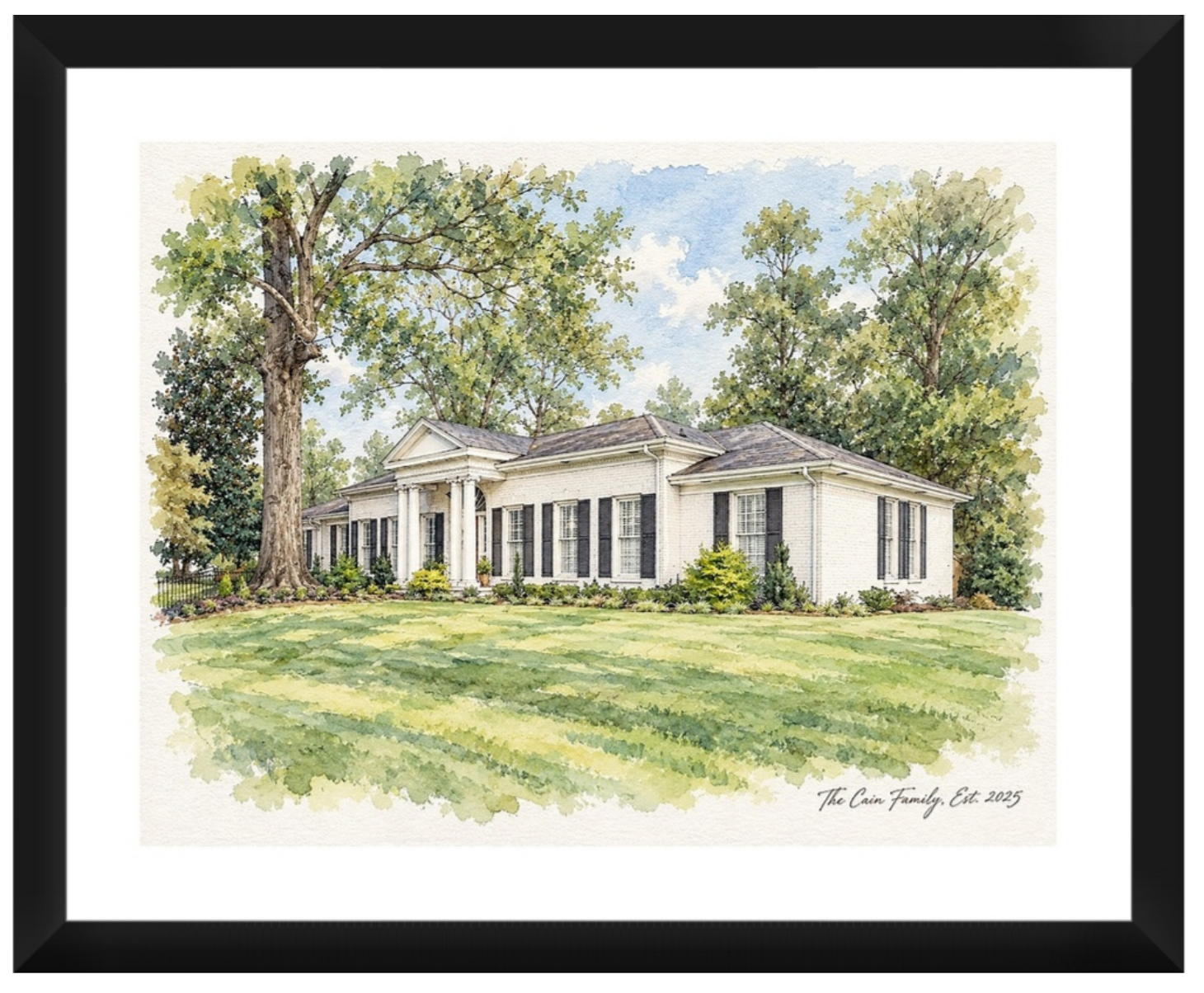 Framed Cain family watercolor portrait with personalized signature