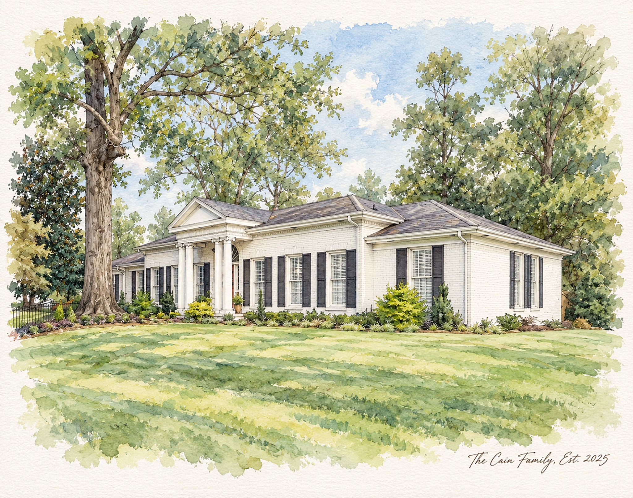 Watercolor portrait created from the Cain family home photograph