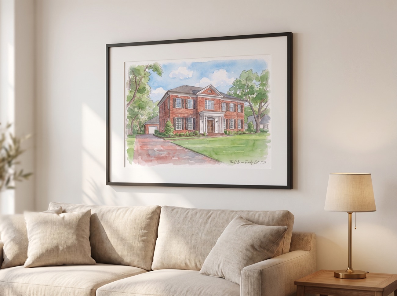 Traditional brick home watercolor portrait